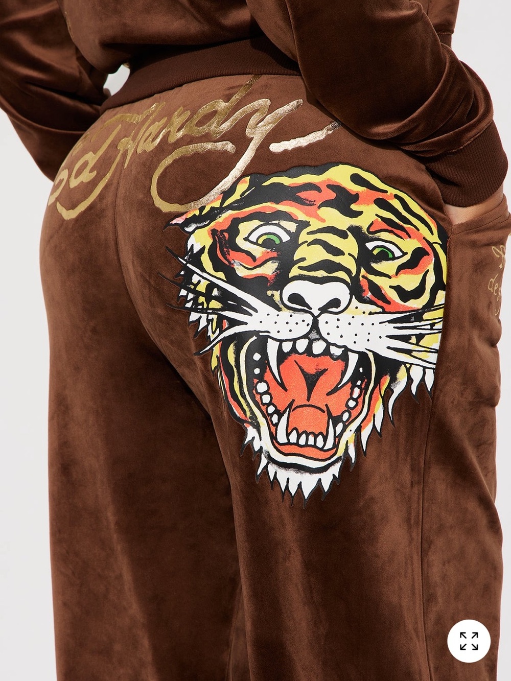 Ed Hardy Brown Velvet Wide Leg Pants with Multicolor Tiger Motif
